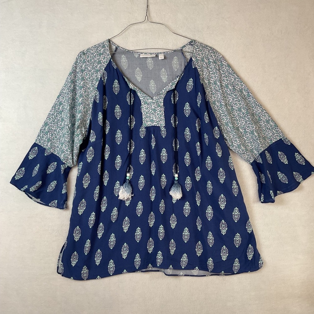 Susan Graver Pure Blue Block Print Tassel Split Neck Bell Sleeve Tunic Top XL